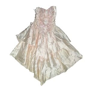Vintage 80s Pink Satin High Low Prom Dress Sequin Bow ILGWU Made in USA Size 3/4